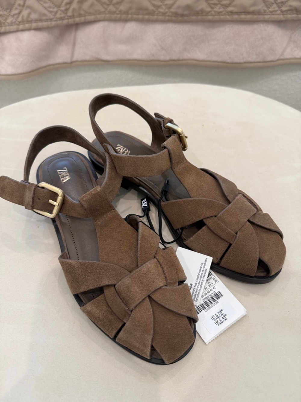 Zara Tan Suede Woven Slingback Fisherman Sandals sz 6